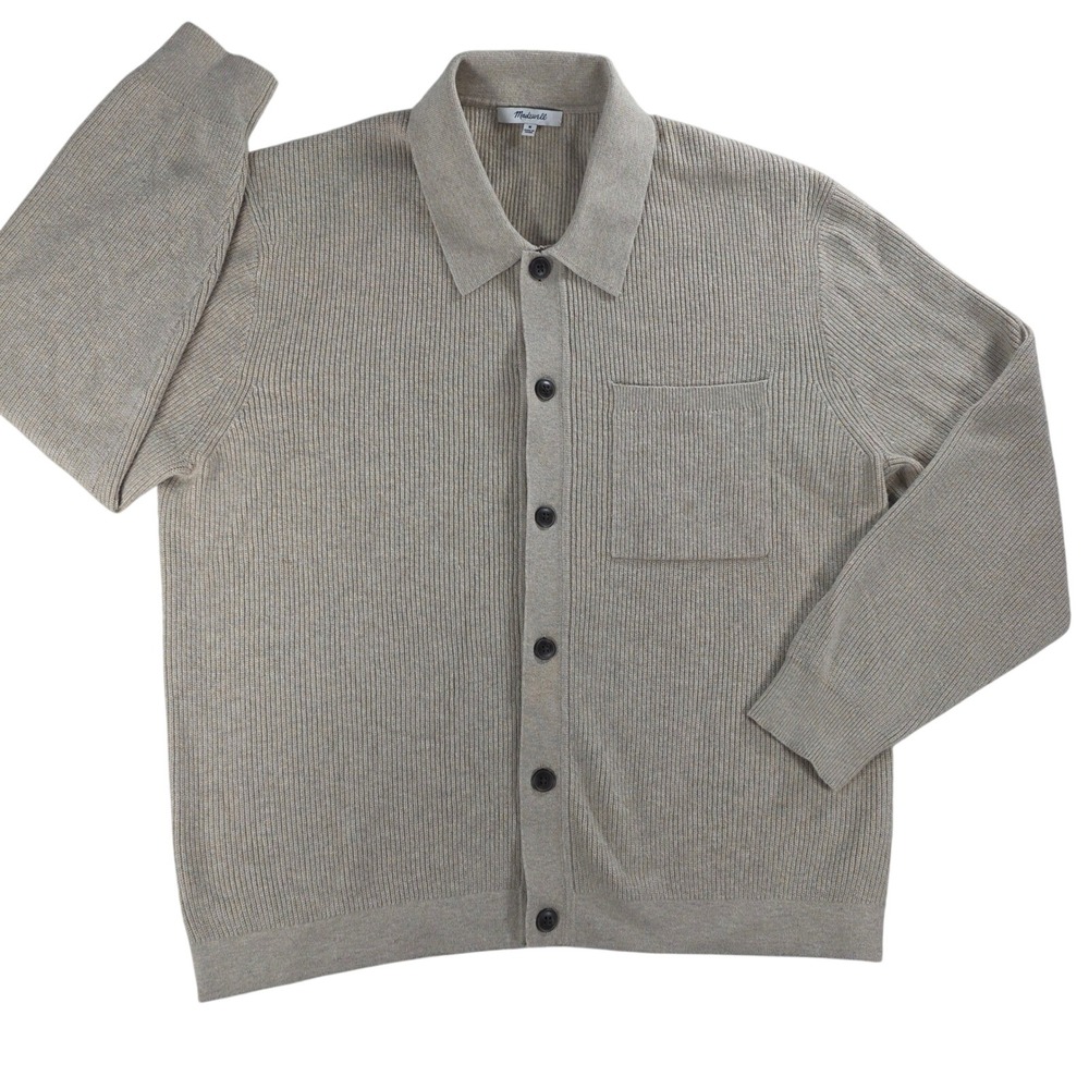 Madewell Button Up Long Sleeve Sweater Shirt Beige Ribbed Cardigan Mens Medium